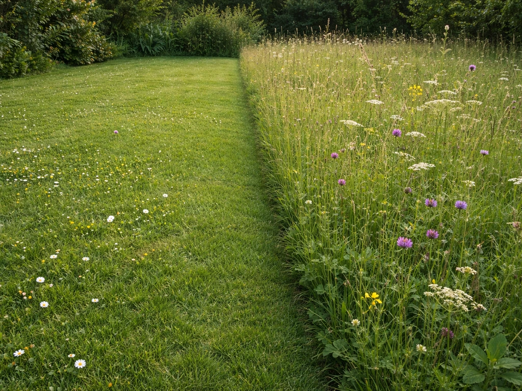 Pelouse nette ponctuée de fleurs face à une zone prairiale plus haute et hétérogène, vue jardin.