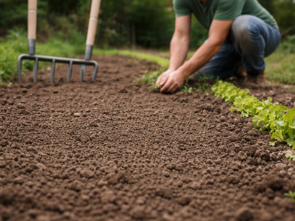 Jardinier désherbant à la main dans un potager, sol émietté prêt pour le semis, lumière naturelle.
