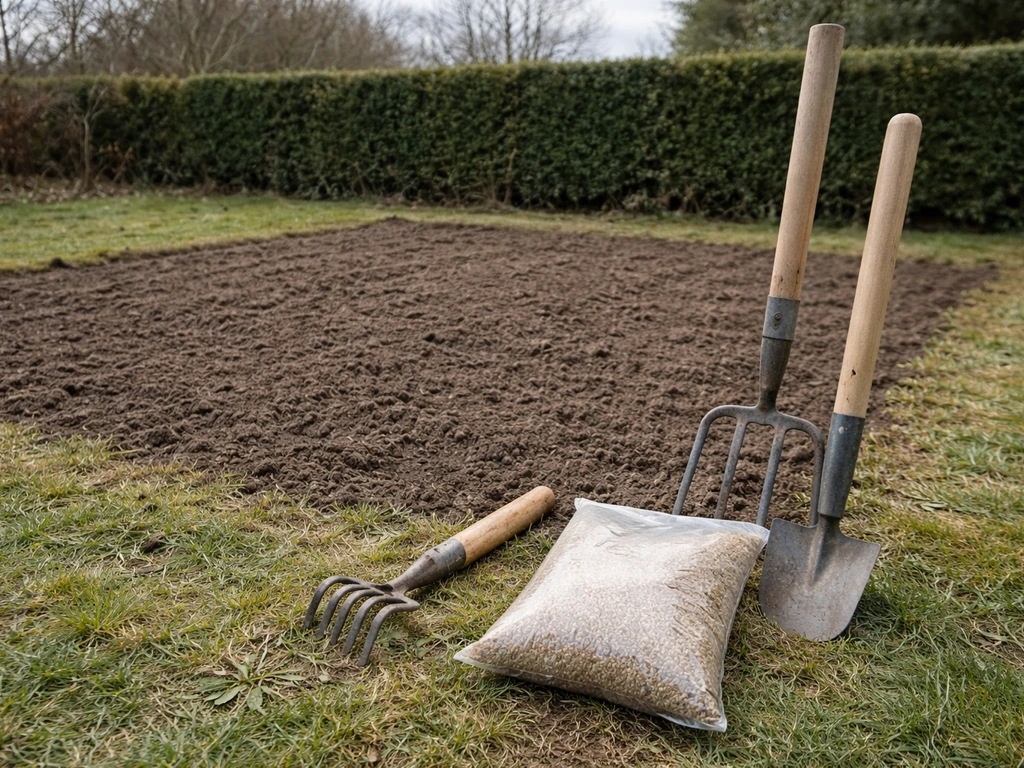 Jardin en fin d’hiver : sol prêt et outils posés pour semer du gazon en février, ciel gris clair.