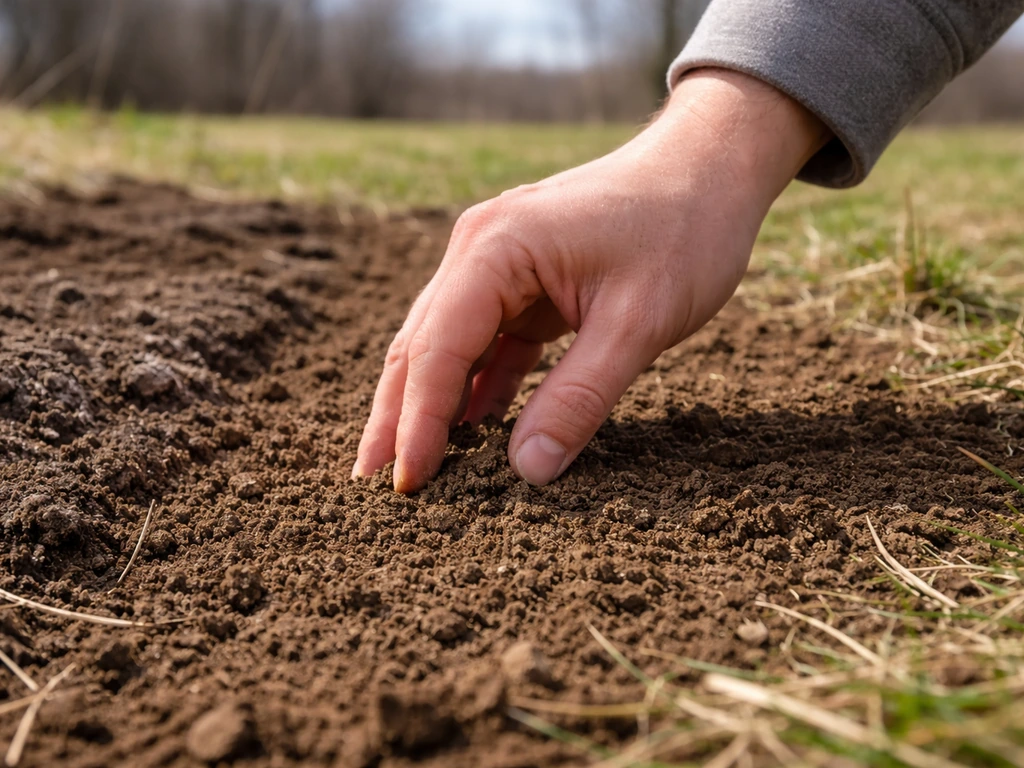 Main qui teste un sol dégelé et ressuyé près d’une zone de gazon à semer en février.