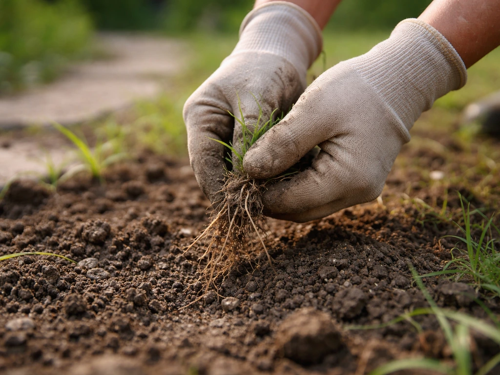 Mains gantées arrachant à la main une mauvaise herbe du sol humide, racines visibles, jardin en arrière-plan flou.