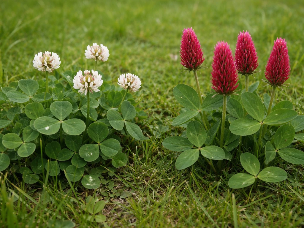 Trèfles pour pelouse : trèfle blanc et trèfle incarnat visibles avec leurs feuilles et petites fleurs, gros plan naturel