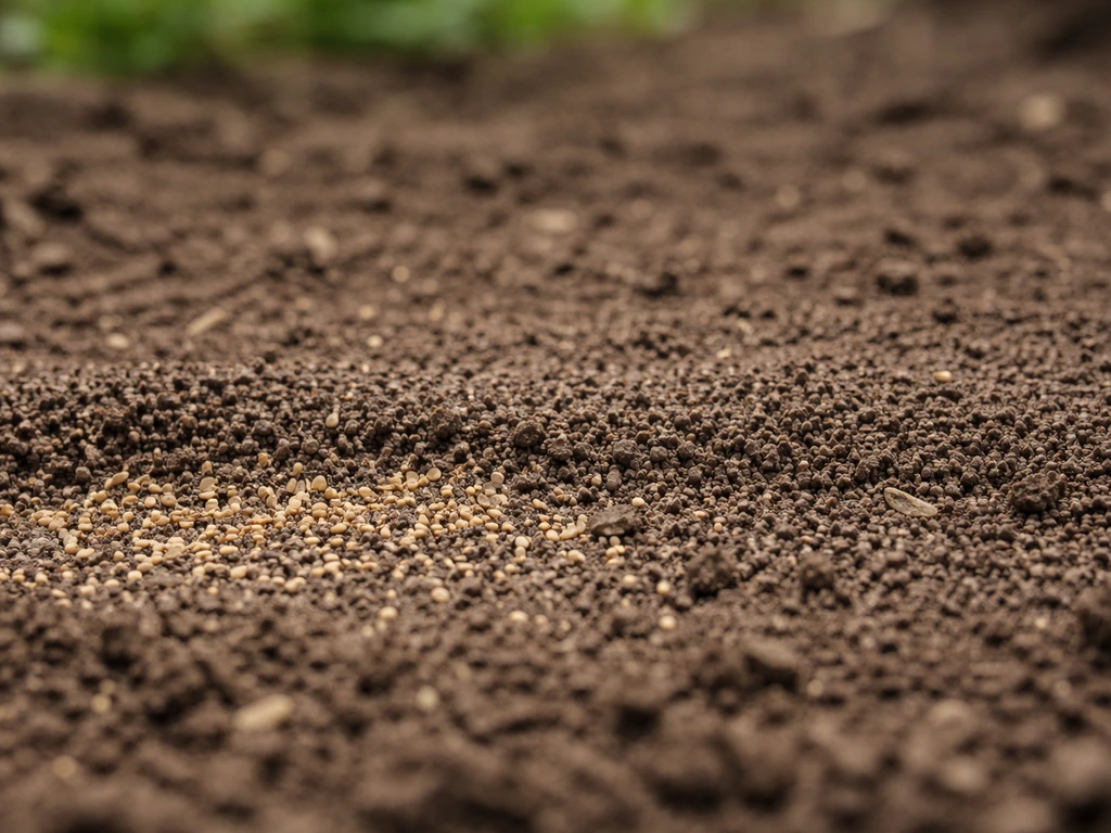 Gros plan sur un petit repère de sol nivelé avec des graines très légèrement recouvertes, avant/après subtil.
