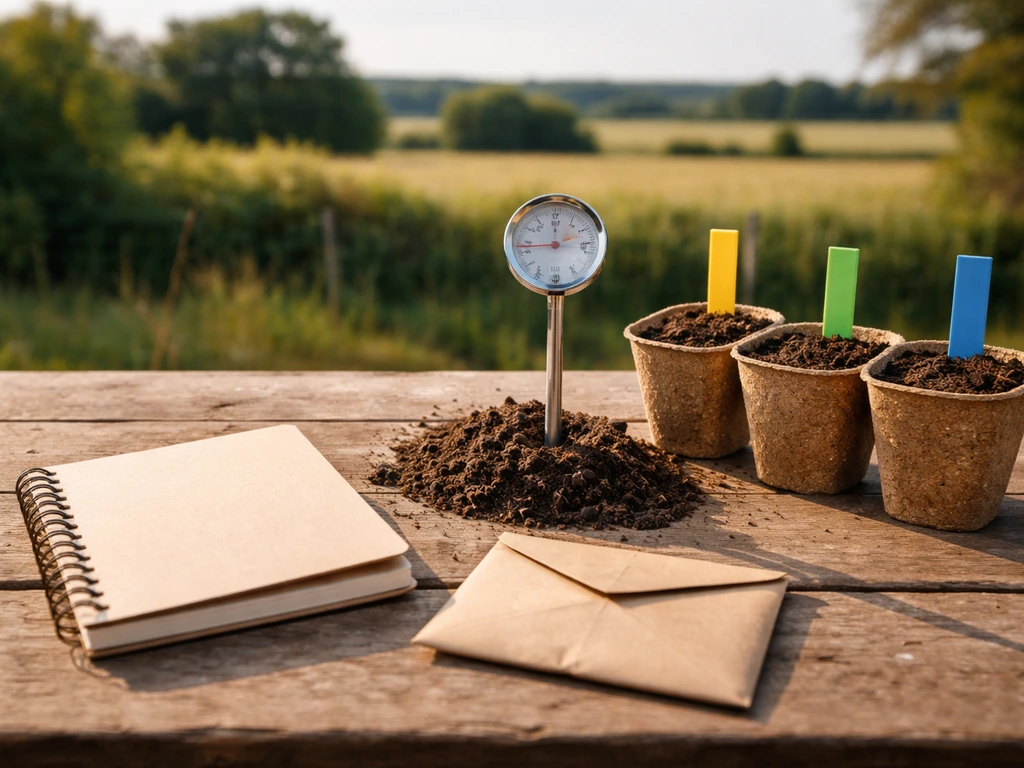 Table de jardin avec thermomètre de sol et pots de semis, ambiance de mars en France.