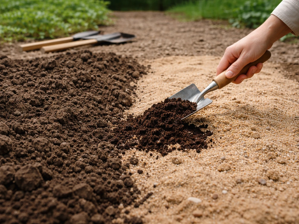 Une pelle incorpore du compost sur une zone sableuse, séparée visuellement d’une terre argileuse sombre.