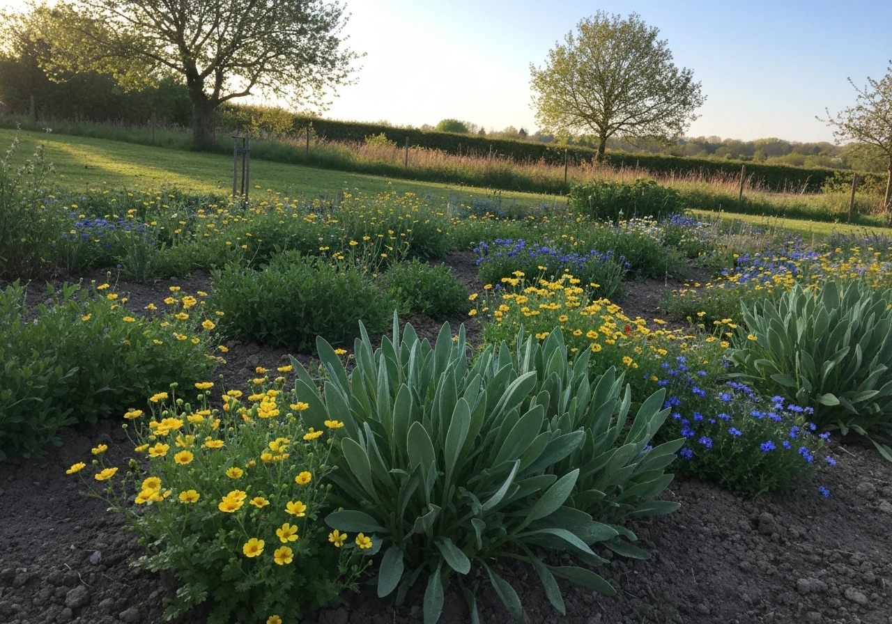 Pelouse naturelle avec fleurs des champs et brins de gazon, aspect prairie fleurie au printemps.
