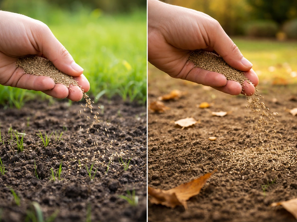 Comparaison visuelle : semis de gazon au printemps avec jeune pelouse verte vs semis à l’automne avec sol brun