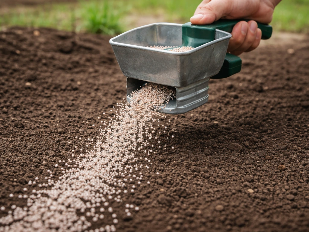 Gros plan d’un épandeur à main qui répand de l’engrais starter sur la terre avant l’ensemencement.
