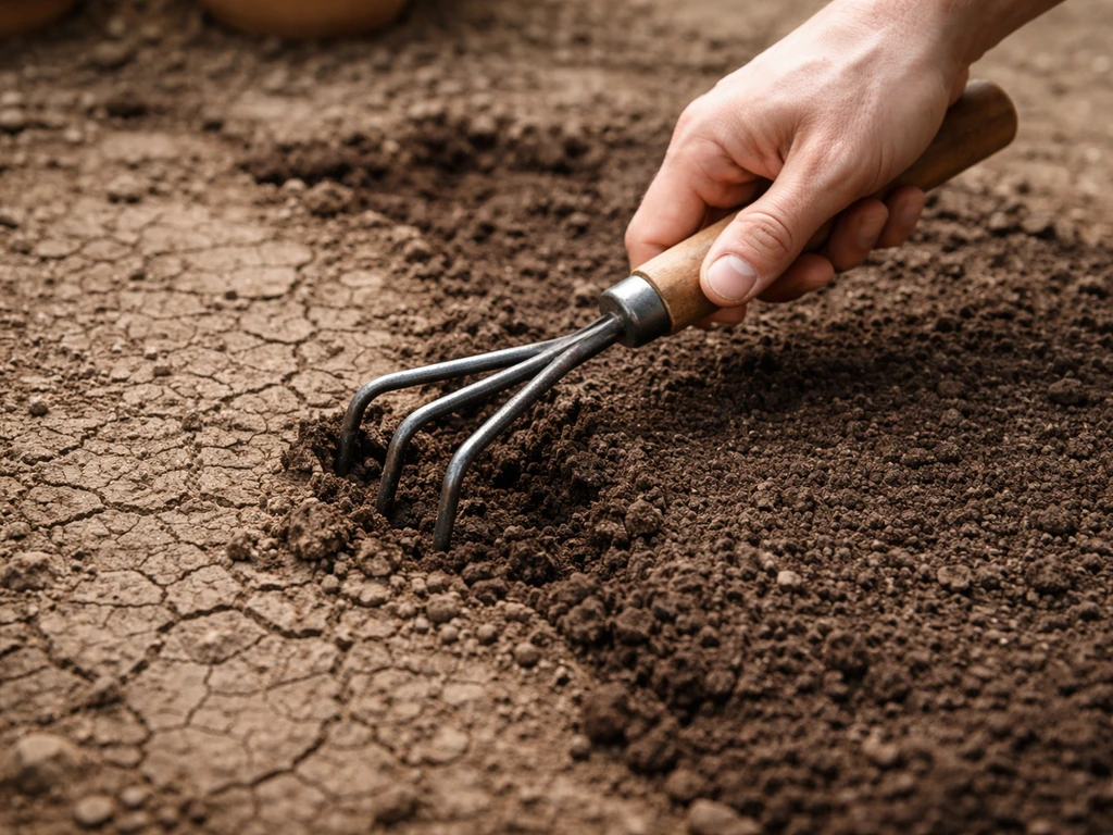 Main qui casse une croûte de terre sèche, avec une surface ameublie et recouverte à côté.