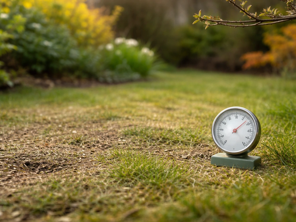 Thermomètre au jardin et pelouse en préparation avec repères visuels de printemps et d’automne.