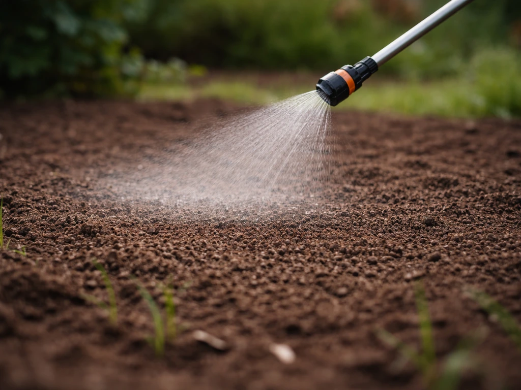 Arrosage en pluie fine sur une rangée de graines, jet doux sans déplacer la terre
