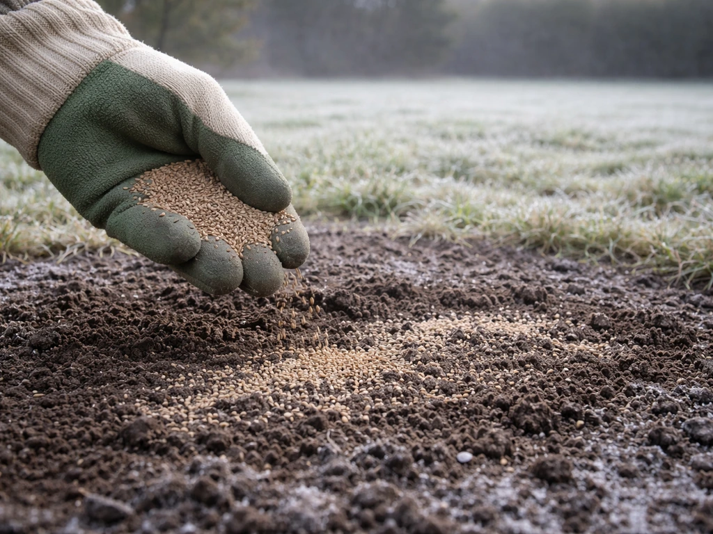 Graines de gazon recouvertes de terre sur sol légèrement givré, avec gel imminent suggéré au jardin.