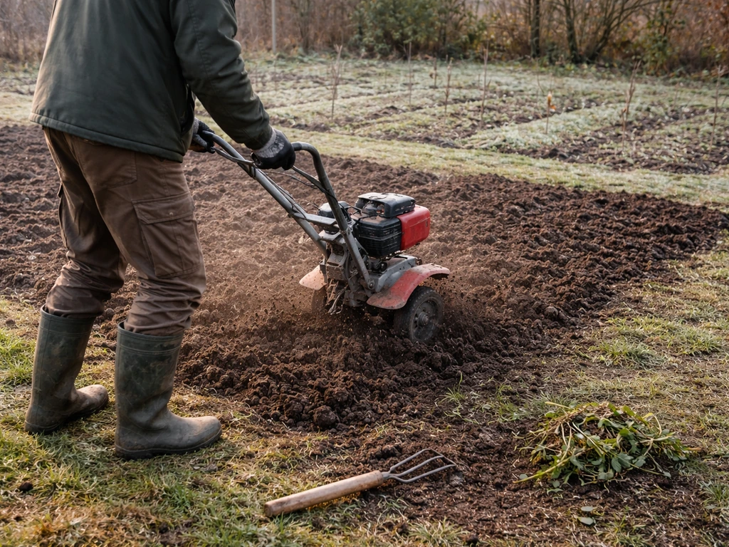 Jardinier anonyme désherbant et décompactant la terre avec un motoculteur léger, sol froid prêt pour les semis.