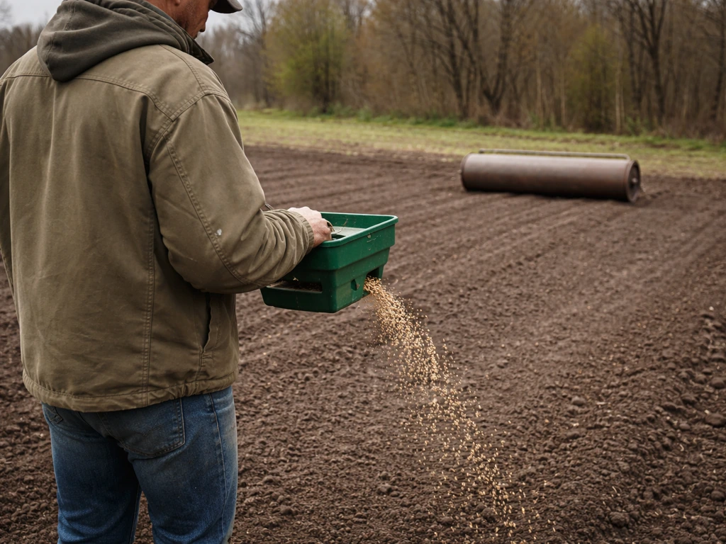 Agriculteur anonyme semant des graines par temps frais, recouvrement léger et roulage immédiat dans le sol.