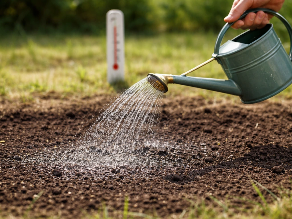 Arrosage léger sur un sol fraîchement préparé, avec un thermomètre de jardin en arrière-plan, période de semis du gazon.