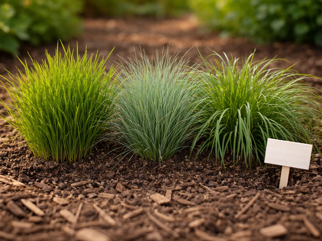 Gros plan de brins de ray-grass, fétuque et pâturin côte à côte, avec étiquette de jardin vierge.
