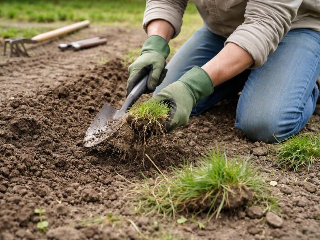 Extraction d’un chiendent avec une petite bêche, puis préparation du sol pour semis dans un potager.