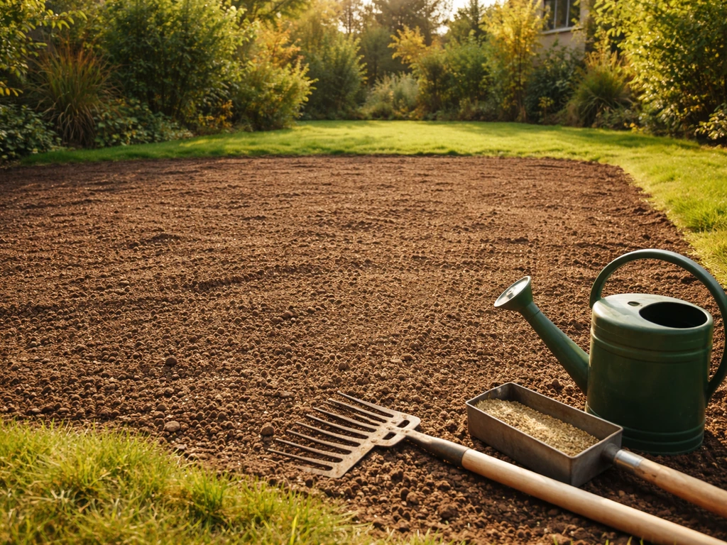 Sol légèrement humide prêt à recevoir les graines, outils de jardin au bord, ambiance jardin fin d’été.