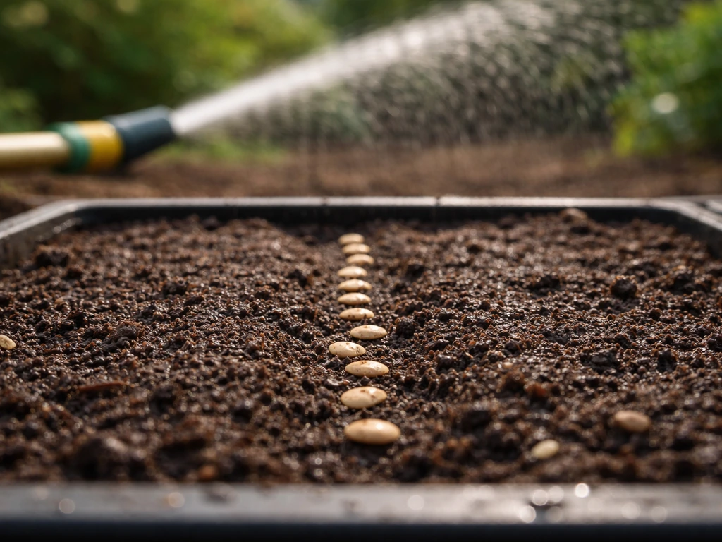 Mini-plateau de semis avec graines non levées, terreau humide, arroseur en arrière-plan en pluie fine.