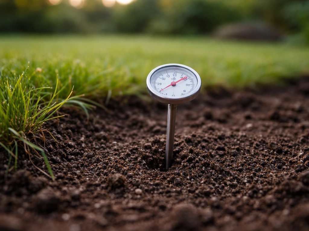 Thermomètre de jardin planté à 5 cm dans la terre, pour illustrer le bon moment selon la température du sol.