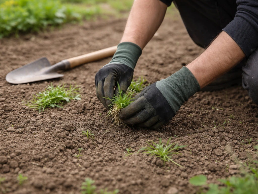 Mains gantées arrachant de jeunes mauvaises herbes dans un potager avant retournement du sol.