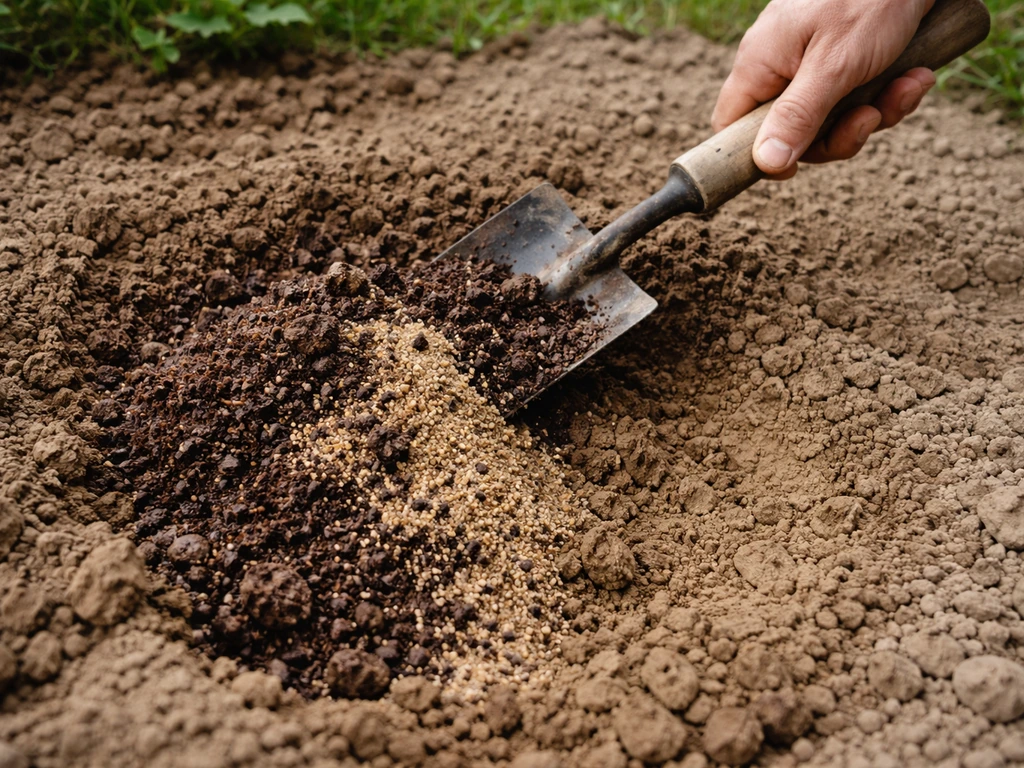 Jardinier au sol, mélange de compost mûr et sable grossier incorporé dans une terre argileuse humide