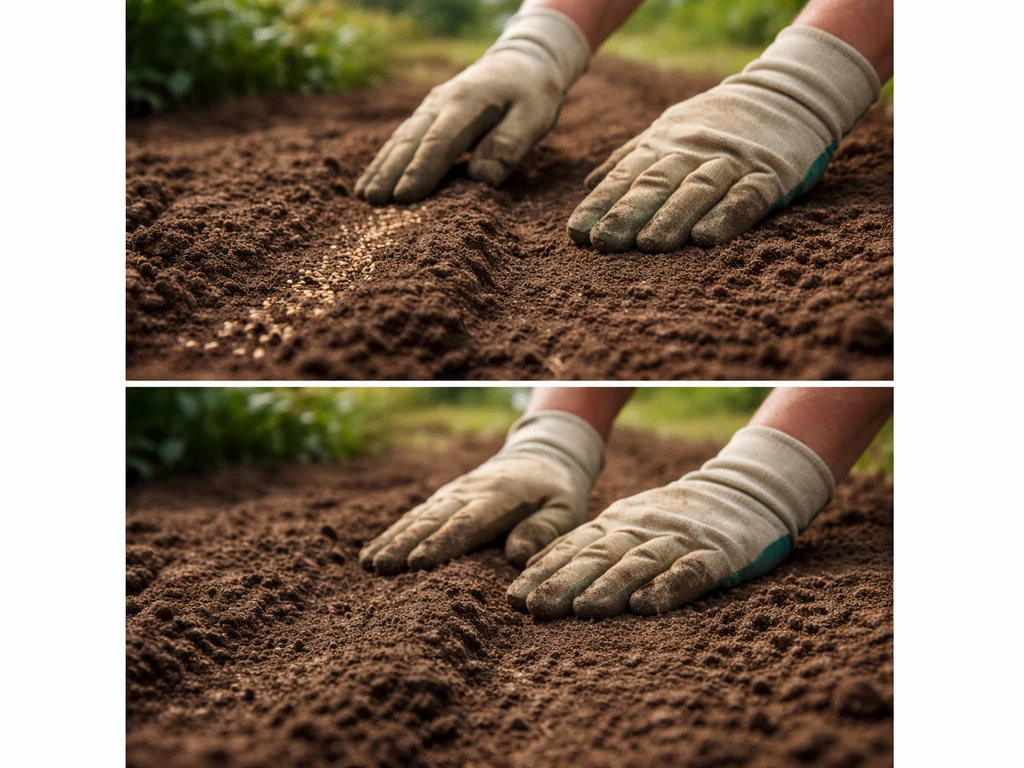 Mains déposant des graines au sol, puis léger recouvrement et compactage discret pour un bon contact graine-terre.