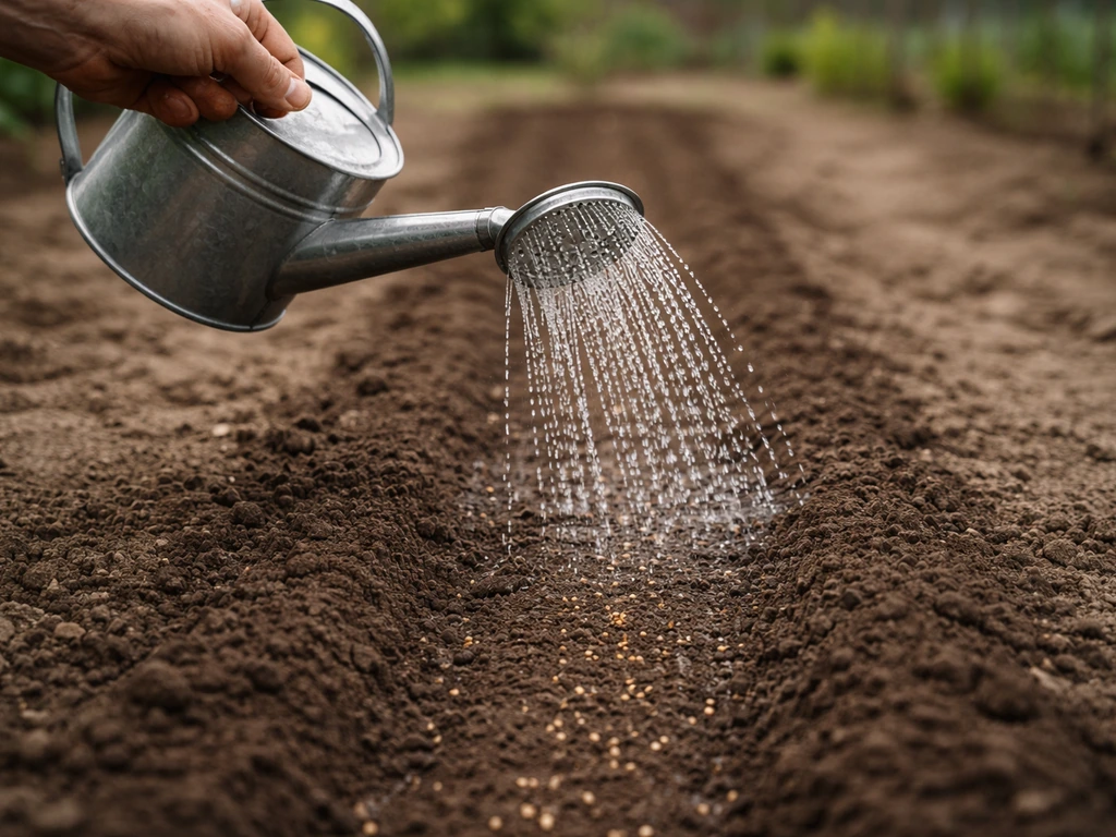 Main arrosant en pluie fine un sol récemment semé, jardin potager minimal, sans texte.