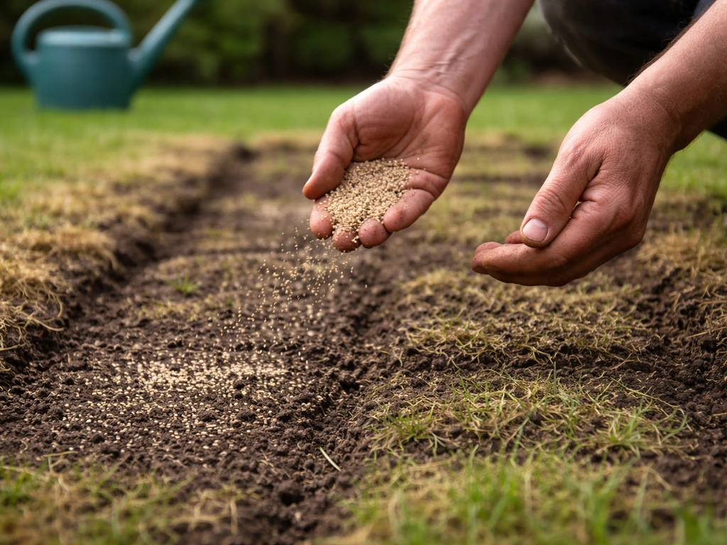 Mains répandant des graines de gazon sur une pelouse scarifiée, microzones de sol prêt à germer.