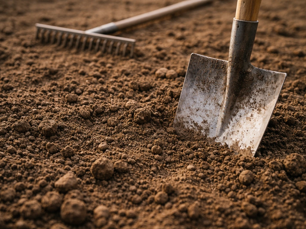 Gros plan sur un sol de jardin récemment travaillé : mottes brisées, bêche et râteau près du terrain