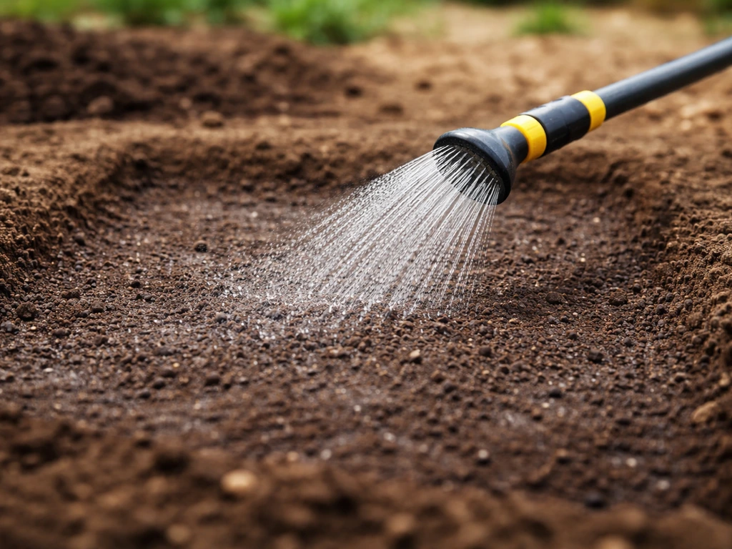Jeune potager : arrosage au ras du sol avec arroseur fin, sol humide mais sans ruissellement.