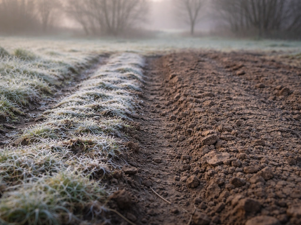 Givre léger d’un côté et sol durci craquelé de l’autre dans un potager, à l’aube.