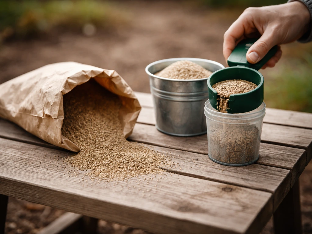 Mélange de graines de gazon sur une table avec boîte doseuse et seau pour un dosage précis (sans texte).