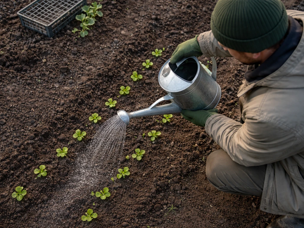 Arrosoir à bec fin qui humidifie délicatement des jeunes semis sur une parcelle, sans flaques, en ambiance froide.