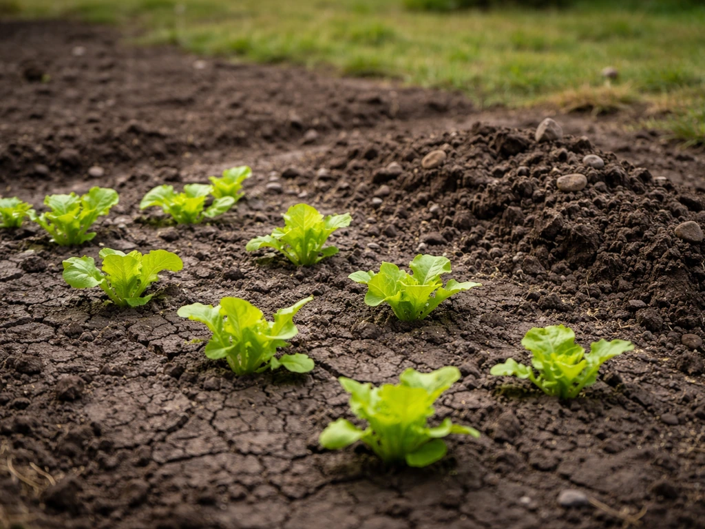 Petit carré de potager après dégel, avec jeunes pousses et terre soulevée en surface.