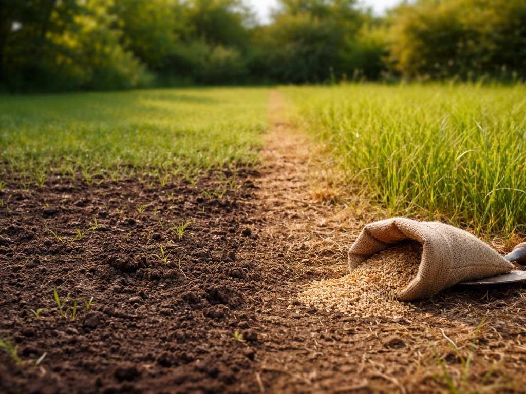 Pelouse de jardin : sol humide de printemps à gauche et terre plus sèche de fin d’été à droite, avec graines.