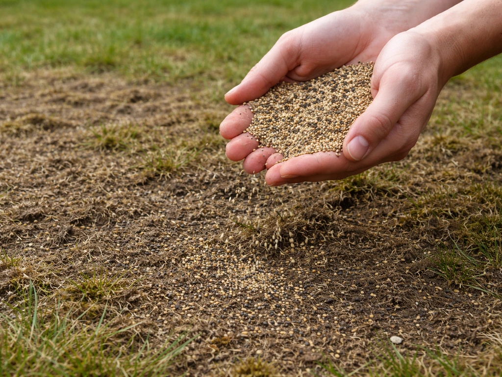 Mains épandant un mélange de graines sur une pelouse scarifiée, graines visibles au contact du sol.