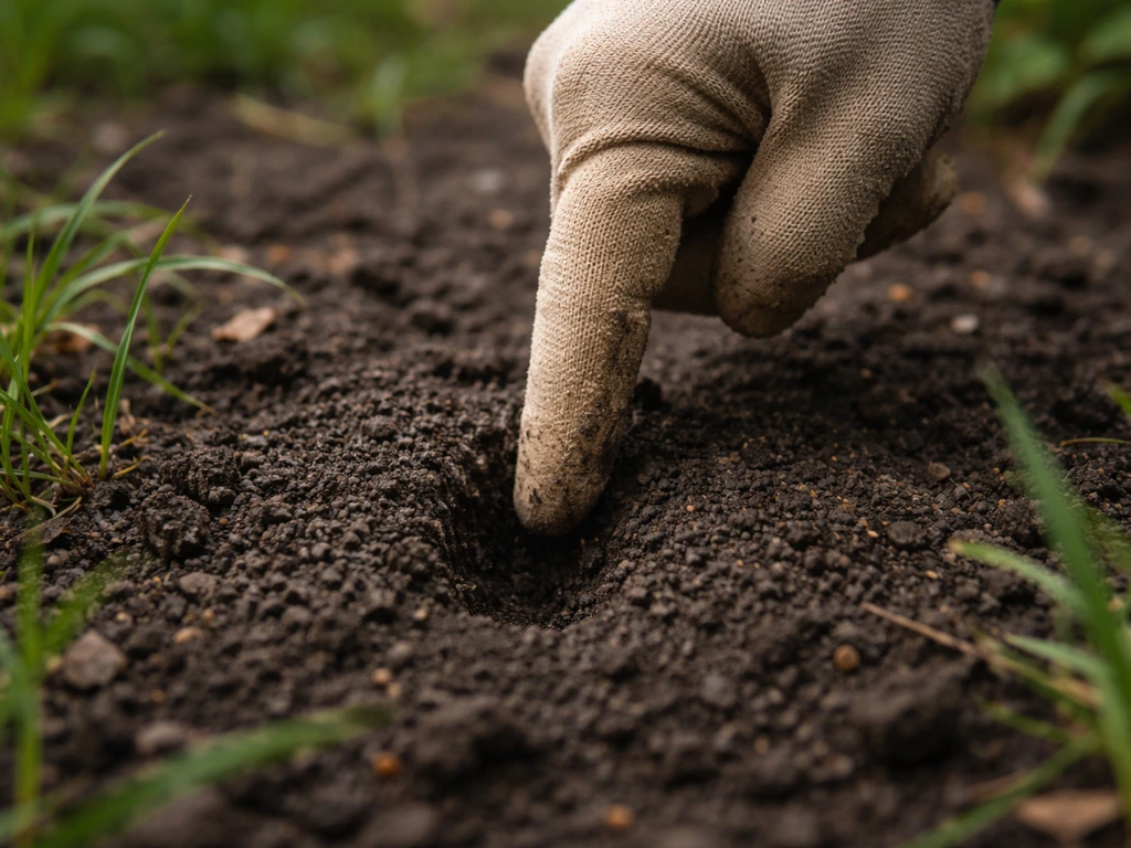 Main gantée testant la terre humide au jardin après la pluie pour vérifier si le sol est praticable.