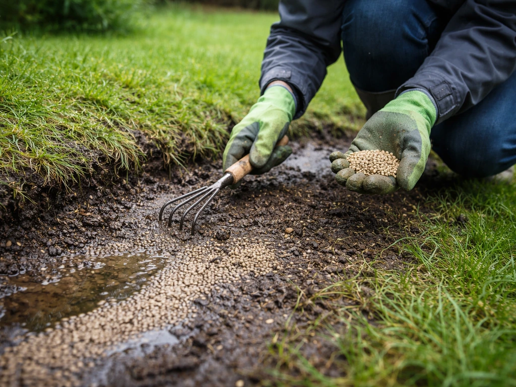 Gros plan d’un jardinier inspectant une pelouse après une pluie, graines visibles dans le sol, réensemencement localisé