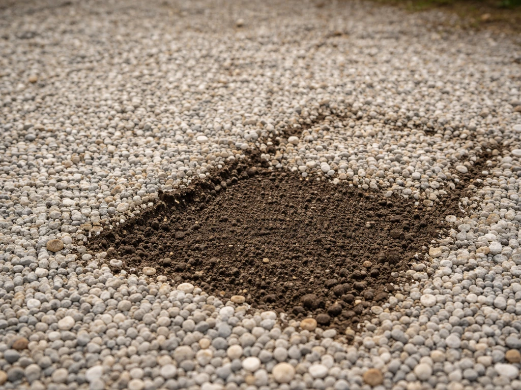 Gravier au sol avec une petite zone préparée pour semis, couches visibles, lumière naturelle.