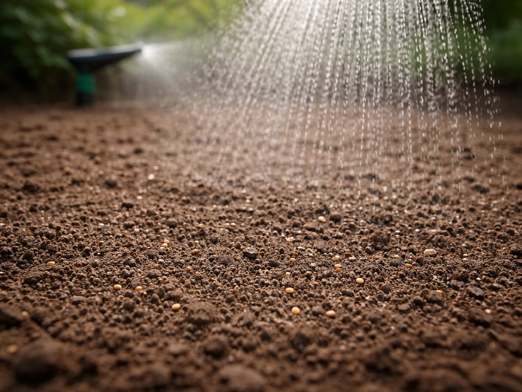 Pelouse fraîchement semée sous une pluie fine d’arroseur, sans ruissellement, terre humide qui s’infiltre.