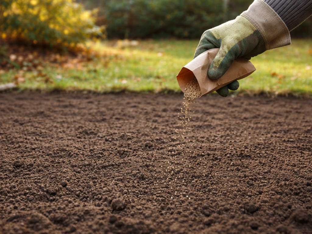 Main gantée semant des graines de gazon sur un sol prêt à l’automne, feuilles d’automne en arrière-plan.
