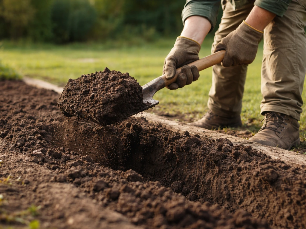 Personne anonyme qui bêche une terre de jardin, motte retournée et terre émiettée visible.