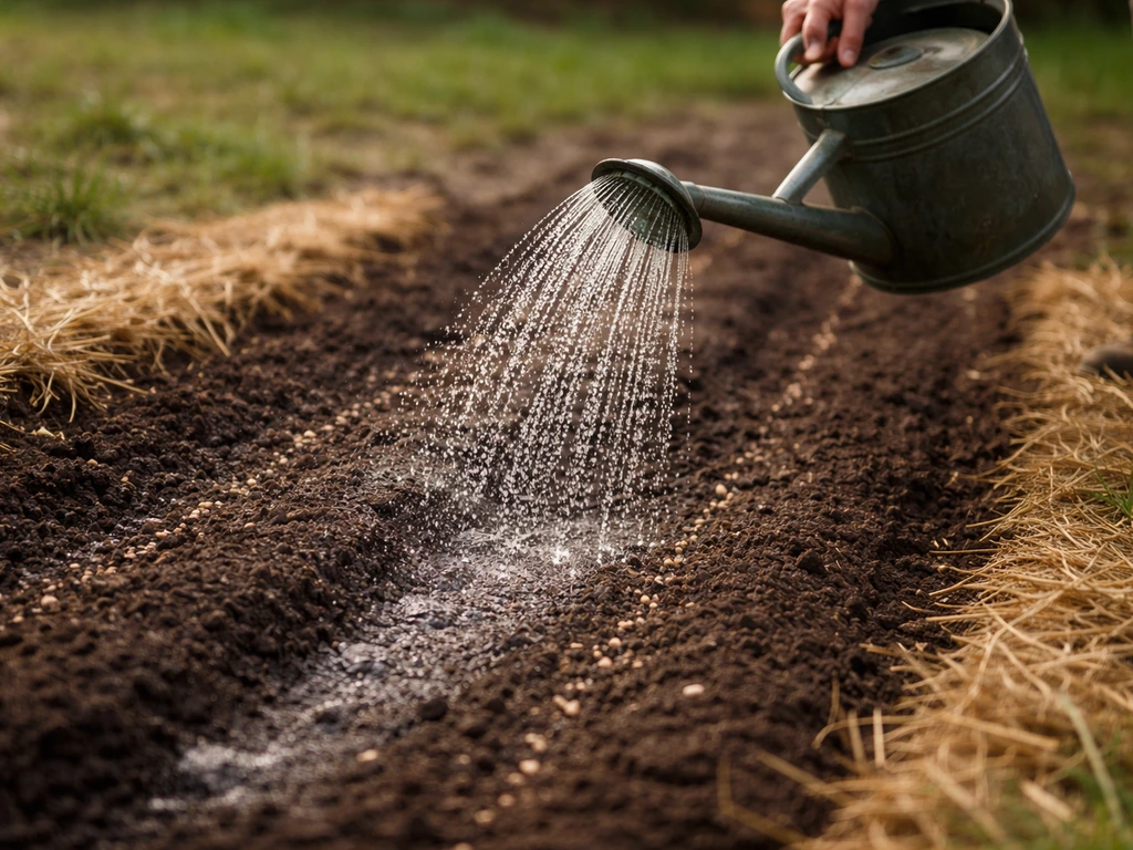 Mains arrosant en pluie fine un lit de semences, paillage léger en bordure pour éviter la dessiccation.