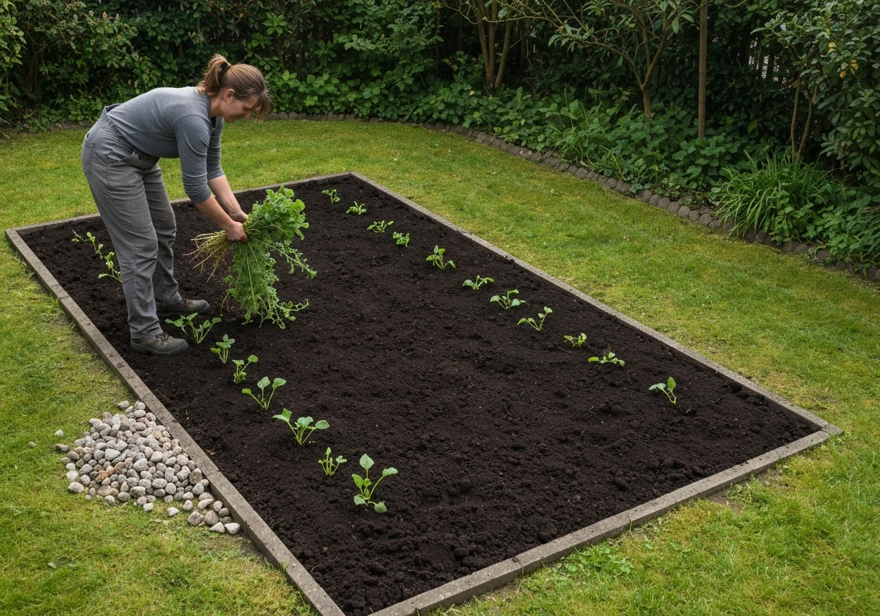 Jardinier retire des racines et débris pour laisser un sol nu, prêt à être regarni.