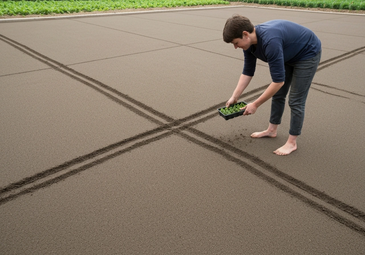 Geste de semis régulier dans un jardin, traces légères suggérant deux passes croisées.