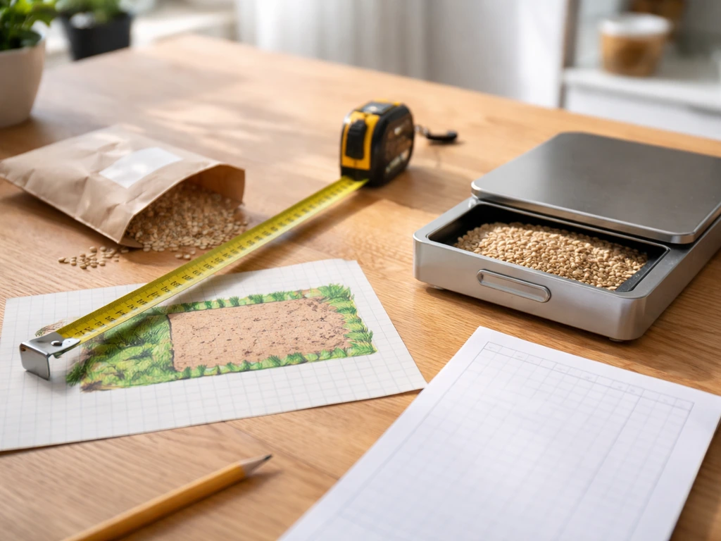 Mètre ruban sur un plan de jardin au sol, balance de cuisine et sac de graines, suggérant le calcul en kg.