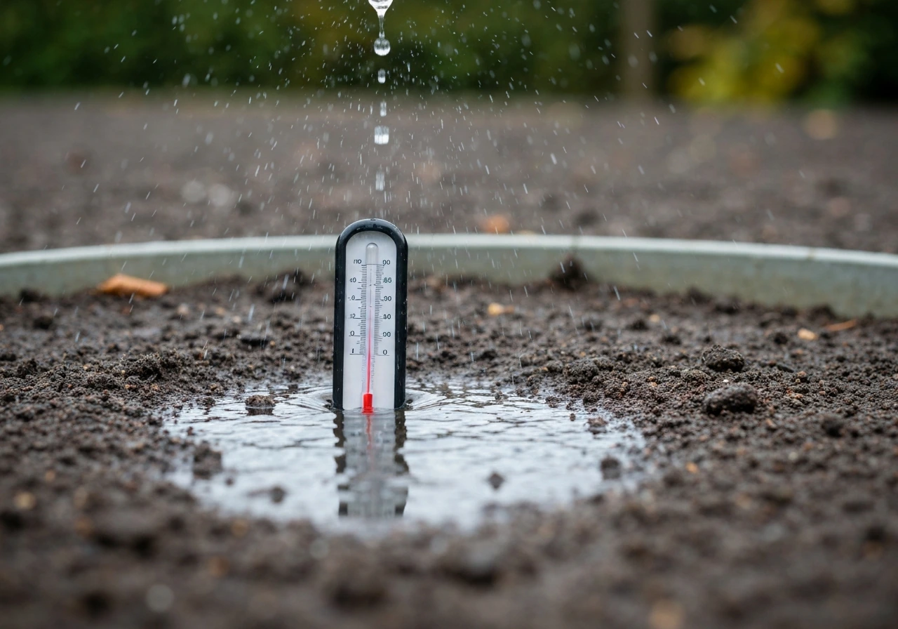 Thermomètre de jardin près de la terre, sous une pluie fine, ambiance automnale d’octobre.