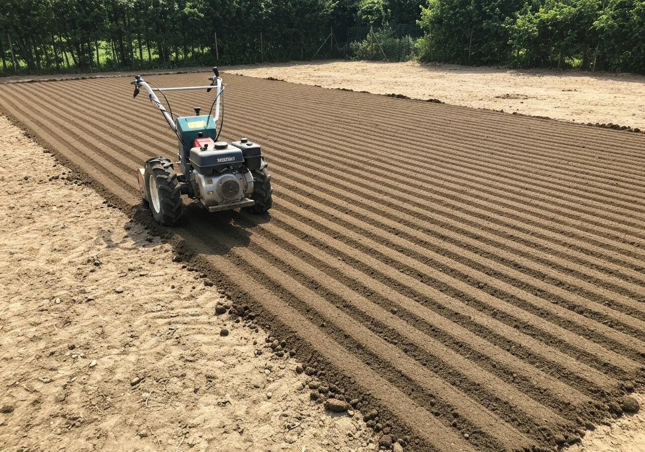 Motoculteur qui travaille un sol meuble, puis surface soigneusement ratissée bien à plat