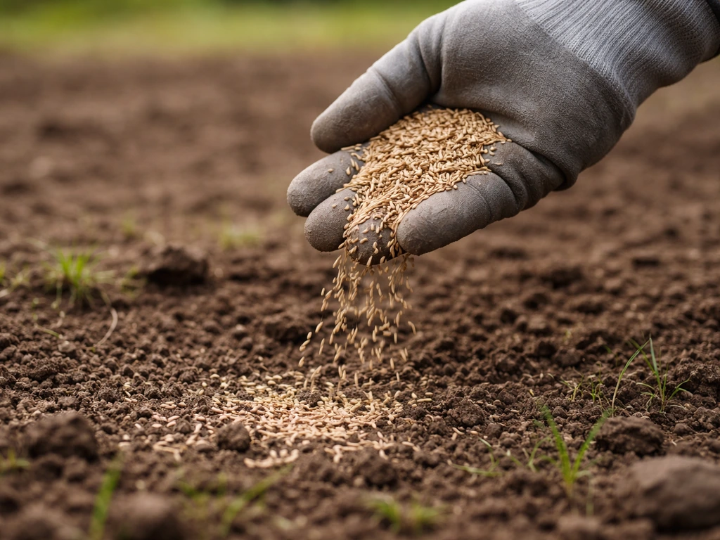 Graines de gazon tombant dans une terre meuble griffée, semis d’octobre pour une pelouse
